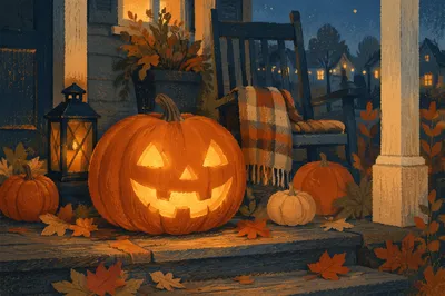 Glowing Jack O Lantern on Autumn Porch