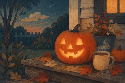 Glowing Jack O Lantern on Autumn Porch