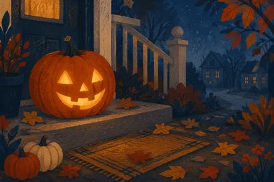 Glowing Jack O Lantern on Autumn Porch