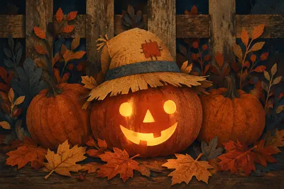 Glowing Jack O Lantern Autumn Still Life