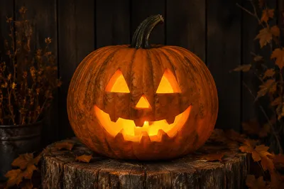 Glowing Jack O Lantern on Tree Stump