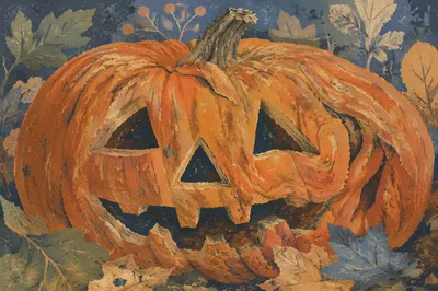 Weathered Carved Pumpkin on Autumn Leaves