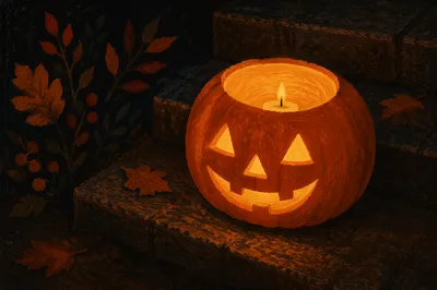 Glowing Jack O Lantern on Stone Steps