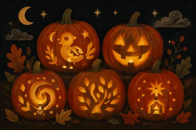 Glowing Hand Carved Halloween Pumpkins at Night