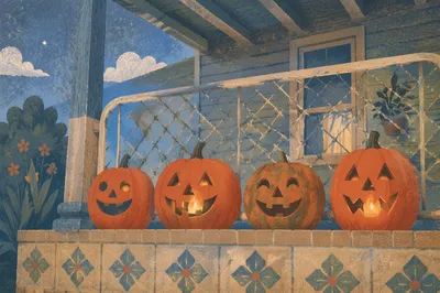 Four Carved Pumpkins on Dusk Porch