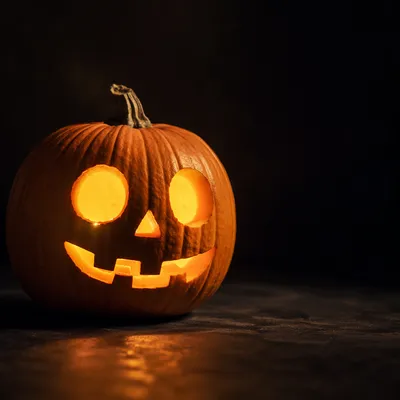 Glowing Carved Halloween Pumpkin on Dark Table