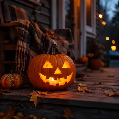 Glowing Jack O Lantern on Autumn Porch