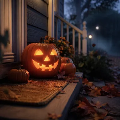 Glowing Jack O Lantern on Autumn Porch