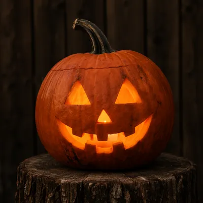 Glowing Carved Halloween Pumpkin on Tree Stump