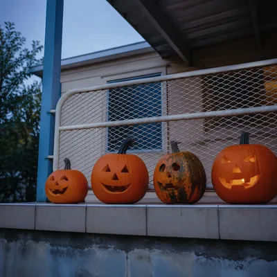 Carved Halloween Pumpkins on Porch at Dusk