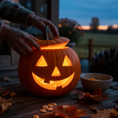 Friendly Glowing Jack O Lantern at Dusk