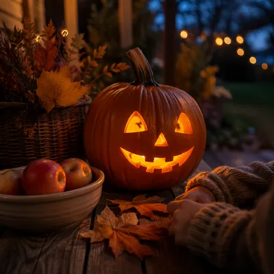 Friendly Jack-o’-Lantern on Twilight Porch