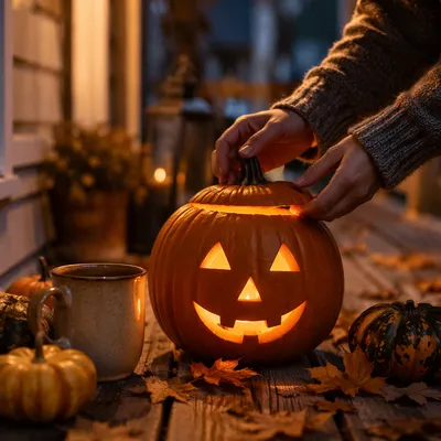 Warm Candlelit Jack-o’-Lantern on Autumn Porch