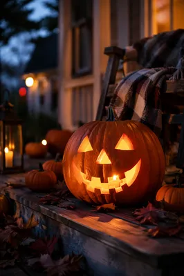 Glowing Jack O Lantern on Autumn Porch