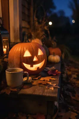 Glowing Jack O Lantern on Autumn Porch