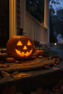 Glowing Jack O Lantern on Autumn Porch
