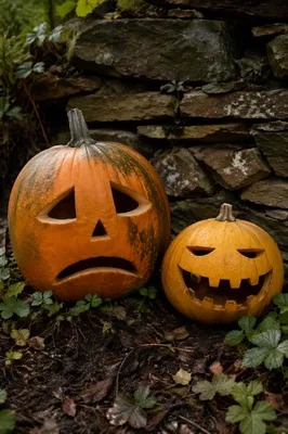 Carved Jack O Lantern Pumpkins in Garden