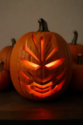 Glowing Carved Jack-O-Lantern Pumpkin Close-Up
