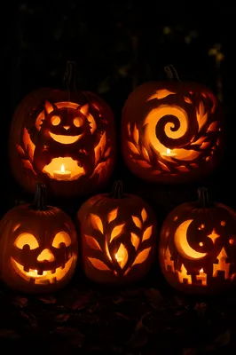 Glowing Carved Halloween Pumpkins at Night