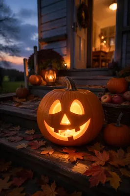 Cozy Jack O Lantern on Autumn Porch