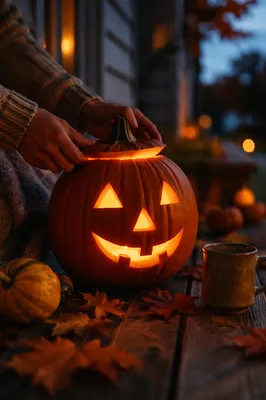 Peaceful Glowing Jack O Lantern on Porch