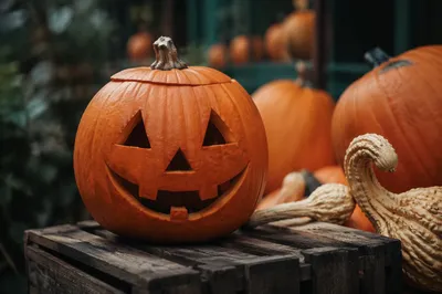 Carved Halloween Pumpkin on Rustic Wooden Crate