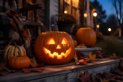 Glowing Jack O Lantern on Autumn Porch