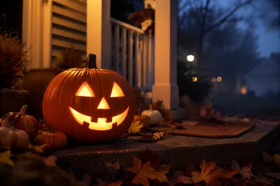 Glowing Jack O Lantern on Autumn Porch