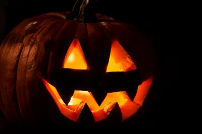 Glowing Carved Halloween Pumpkin in Darkness