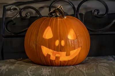 Glowing Hand Carved Pumpkin on Porch Bench