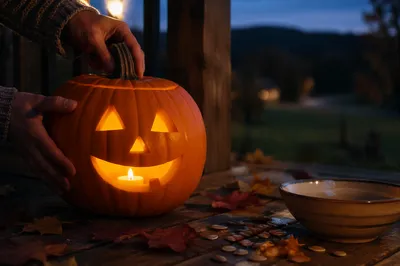Friendly Glowing Jack O Lantern at Dusk