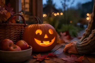 Friendly Jack O Lantern on Autumn Porch