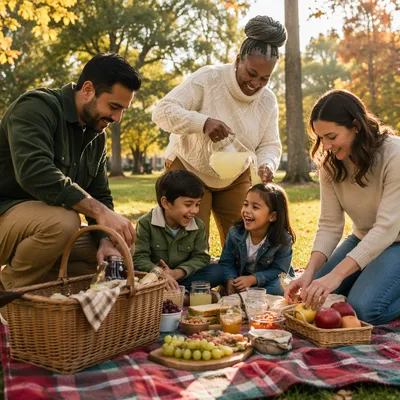 Multigenerational Labor Day Family Picnic in Autumn