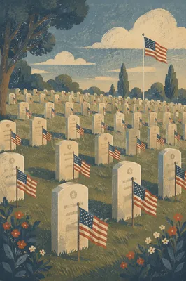 Memorial Day Flags Among Cemetery Headstones