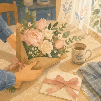 Mothers Day Bouquet on Sunlit Breakfast Table