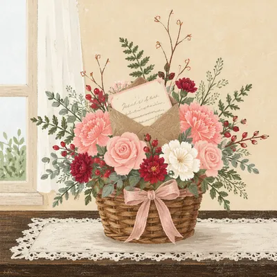 Mother’s Day Floral Basket with Greeting Card