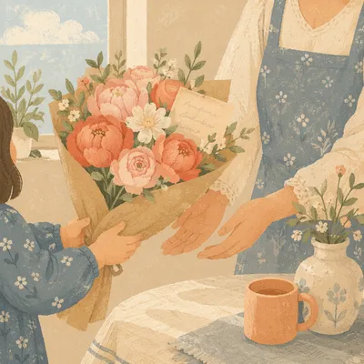 Child Giving Bouquet and Gift Card