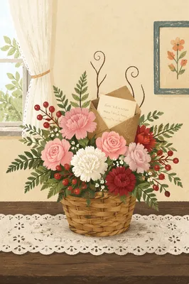 Mother’s Day Floral Basket With Greeting Card