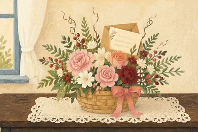 Mother’s Day Floral Basket with Greeting Card
