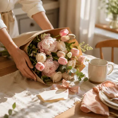 Mothers Day Bouquet on Sunlit Breakfast Table