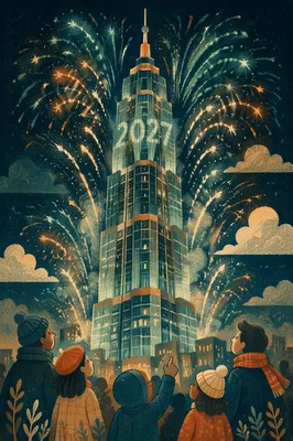 New Year 2027 Fireworks Over City Tower