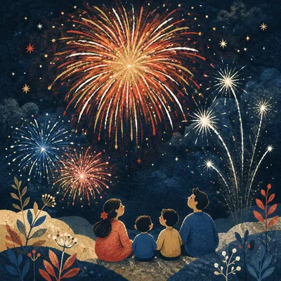 New Year Midnight Fireworks in Dark Sky