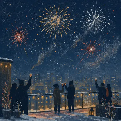 Midnight New Year Fireworks Over Winter Rooftop