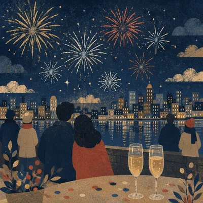 Midnight New Year Fireworks Over City Waterfront