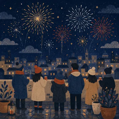 Midnight New Year Fireworks Over City Skyline