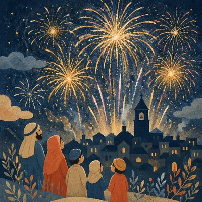 Golden New Year Fireworks Over Small Town