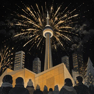 Midnight New Year Fireworks Over City Tower