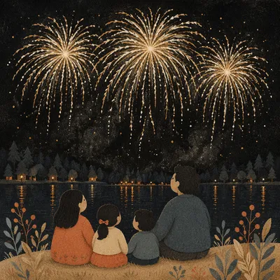 Golden New Year Fireworks Over Quiet Waterfront