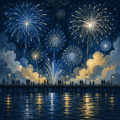 New Year Fireworks Over Peaceful Waterfront