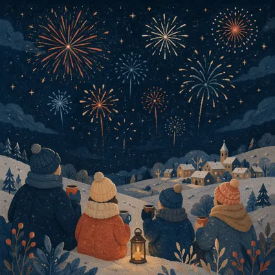 Peaceful New Year Fireworks Over Snowy Town